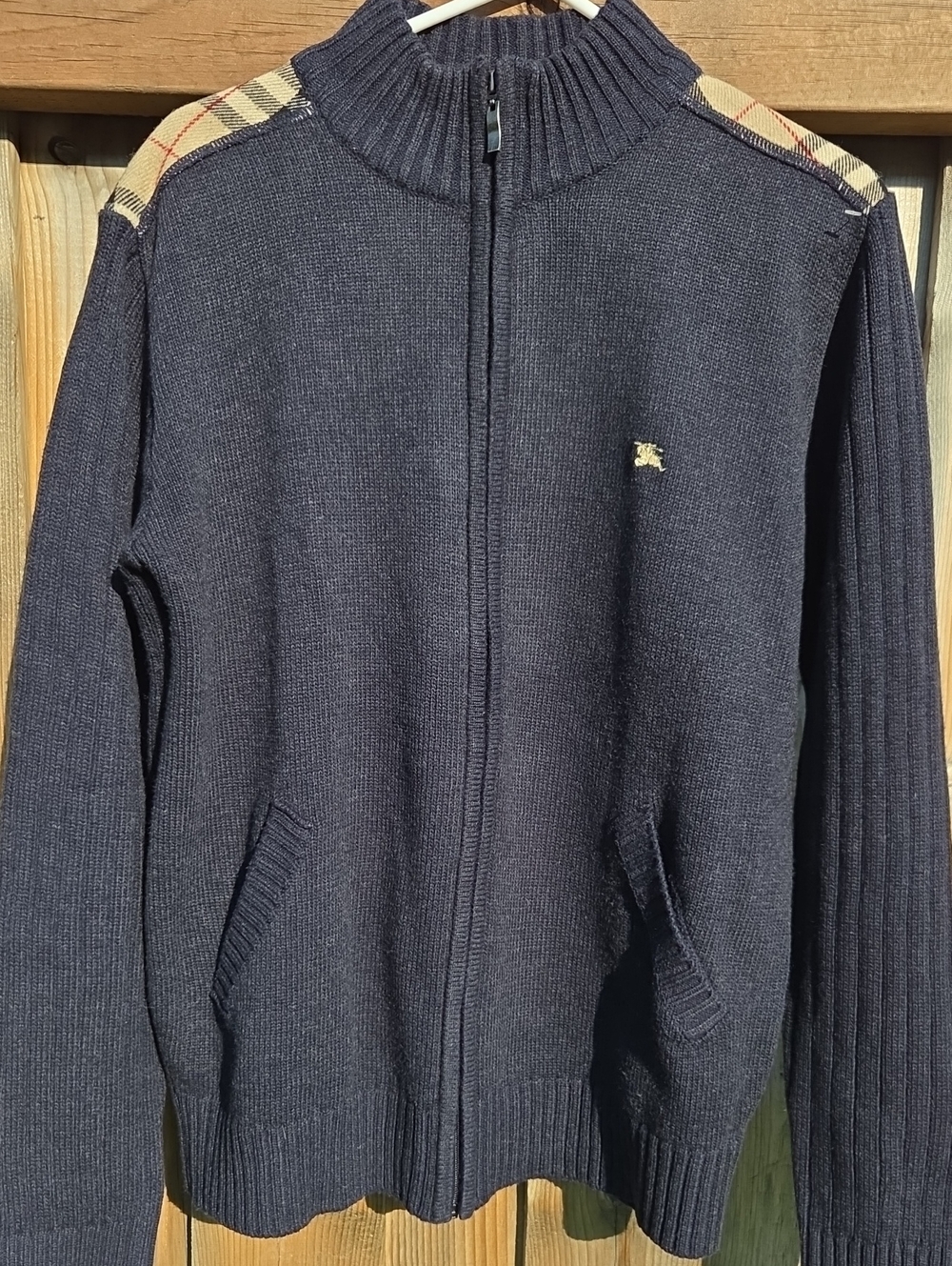Burberry Navy Zip-Up Sweater with Signature Check Shoulder